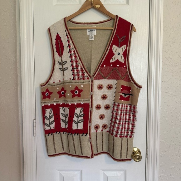 Blast Vintage 90s Sweater Vest Knitted Patchwork Knit Embroidered Plus size 1XL - Picture 2 of 8